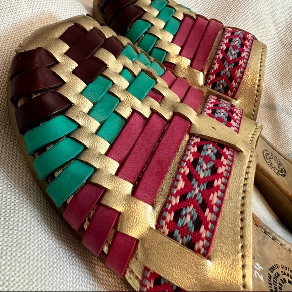 Sandy Exclusiva Gold Pink Teal Woven Leather Aztec Ankle Strap Sandals Huaraches - Picture 4 of 8